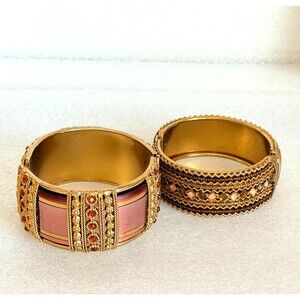 Set of 2 Gold Tone Hinged Cuff Bracelets Boho Rhinestone Beaded Bangle Set